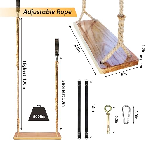 JMZOO Wooden Swing, Swing Seat 24"x 8"x 1.2",Adult Wooden Tree Swing 500lbs,Adjustable Hemp Rope & Extension Tree Straps 100 inch,Outdoor Wood Swing,Hanging Wooden Swing,Wood Swings for Adults Kids JMZOO