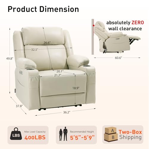 EONIX Wall Hugger Recliner for Small Space, Real Zero Clearance Power Recliner, Lazy Boy Recliner Chair with Cup Holders for RV, Living Room, Bedroom, SXXY011990, Cream White