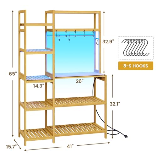 FORABAMB Bakers Rack with Power Outlet, Coffee Bar, 10-Tier Kitchen Shelves with 8 Hooks, Microwave Stand Kitchen Rack Freestanding Utility Storage Shelf, 15.7 x 41 x 65 Inches, Bamboo