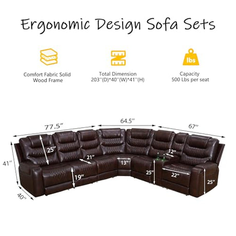 Caerrlcias Power Recliner Sectional Sofa with LED Lighting, Breathing Leather Corner Couch with USB Port and Storage Console, Cup Holders– Home Theater & Living Room Seating (Brown) Caerrlcias