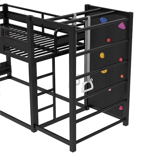 Bellemave Twin Size Bunk Bed with Basketball Hoop, Pull-up Rings and Climbing Wall, Twin Bunk Bed with Slide and Bookcase, Heavy Duty Bunk Beds with Guardrail, Black Bellemave