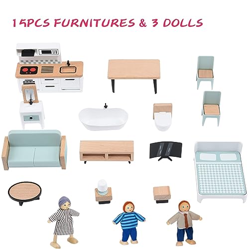 Giant bean Wooden Dollhouse 2.6 feet High with Elevator, Doorbell, Light,15 Pieces Furnitures and 3 Dolls, Toy Gift for Girls Ages 3-7+ Giant bean