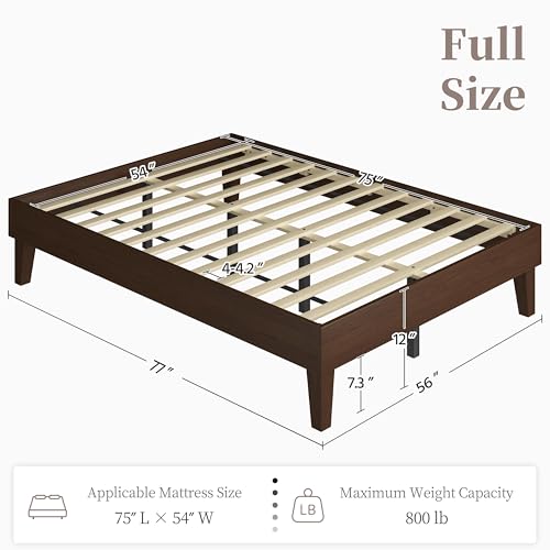 Yaheetech Full Bed Frame Natural Solid Wood Platform Bed with Wooden Slats Support, 12-inch Underbed Space for Storage, Noise-Free Design, Easy Assembly, Dark Walnut Finish Yaheetech