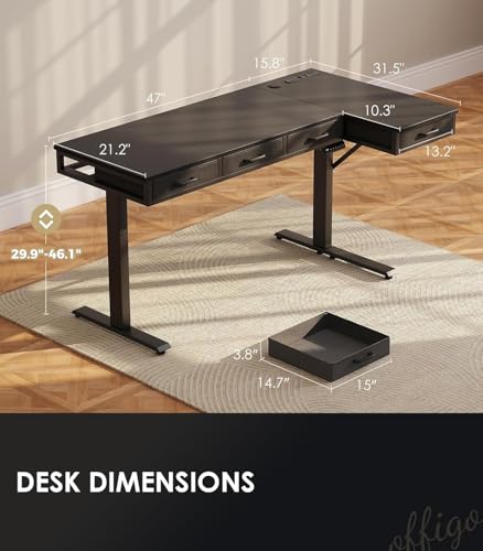OffiGo 63 Inch L Shaped Electric Standing Desk with Drawers, Height Adjustable Large Desk with Power Outlets, Sit Stand Table, Writing Computer Desk for Home, Office, Workstation, Black OffiGo