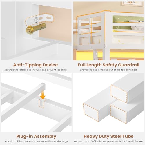 VIAGDO Low Loft Bed Twin Size with 9 Storage Drawers, Bookcase and LED Lights, Metal Kids Loft Bed with Wide Staircase, Open Shelves and Safety Guardrail, Twin Loft Bed with Under-Bed Playhouse, White VIAGDO