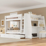 CKLMMC Full Size Multifunctional Bunk Bed with Desk and Bookshelves, Trundle, Space-Saving Wooden Bunk Bed for Kids & Teens (White/T) CKLMMC