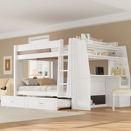 CKLMMC Full Size Multifunctional Bunk Bed with Desk and Bookshelves, Trundle, Space-Saving Wooden Bunk Bed for Kids & Teens (White/T) CKLMMC