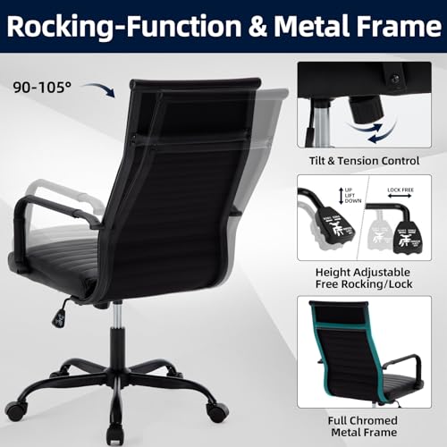 Haranuo Conference Room Chairs, Ergonomic Executive Office Chair, Ribbed Leather Desk Chair with Lumbar Support, Adjustable Height Mid-Back Swivel Chair with Padded Seat Haranuo