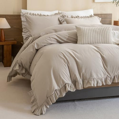 QSH Washed Cotton Queen Duvet Cover Set Ruffle Duvet Cover Linen Textured Farmhouse Shabby Vintage Chic Bedding Comforter Cover 3 PCs Aesthetic French Country Queen Bed Set QSH