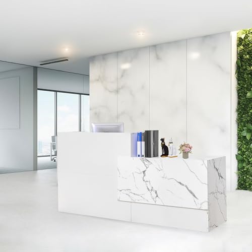 86.8" Modern Reception Desk, Large Front Table with Lockable Drawer,Keyboard Tray and Shelves,Receptionist Desk for Corporate and Hotel Lobbies (Marble White, 86.8" Lx23.5 Wx43.3 H)