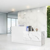86.8" Modern Reception Desk, Large Front Table with Lockable Drawer,Keyboard Tray and Shelves,Receptionist Desk for Corporate and Hotel Lobbies (Marble White, 86.8" Lx23.5 Wx43.3 H)