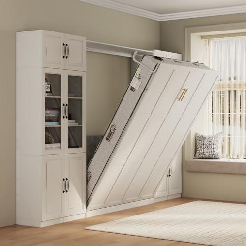 Bobve Farmhouse Murphy Bed Queen, 85" Wall Bed Folds to Save Space, Concealed Bed Frame with 2 Glass Storage Cabinets and Wall Mounted Features for Apartment/Office/Guest Room Bobve