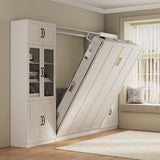 Bobve Farmhouse Murphy Bed Queen, 85" Wall Bed Folds to Save Space, Concealed Bed Frame with 2 Glass Storage Cabinets and Wall Mounted Features for Apartment/Office/Guest Room Bobve