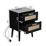 Ltysh Nightstand with Charging Station,2 Set Rattan Night Stand with Solid Wood Legs, Bedside Table with USB Ports & Outlets Bed Side Table,End Table for Bedroom,Living Room(Black-Set 2) Ltysh