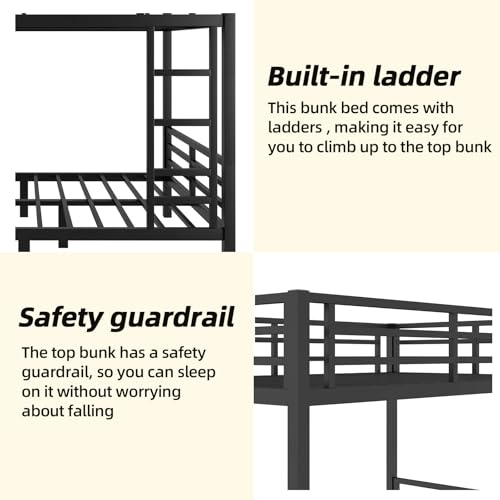 XUWANSHANG Full Over Full Bunk Bed Frame, Heavy Duty Metal Loft Bed for Adults/Teens, 350/500LB Capacity w/Ladder & Guardrail, Noise-Free Steel Slats, No Box Spring Required, Black XUWANSHANG