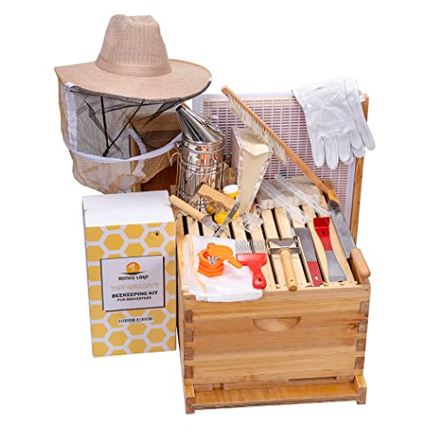 Honey Lake 10 Frame Bee Hive Starter Kit and Beekeeping Supplies, Beeswax Coated Bee Hives Boxes Starter Kit with Beehive Tool Kit Includes Bee Smoker Beekeeper Hat Honey Lake