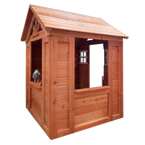 Wooden Outdoor Playhouse for Age 3-6 Years Boy Girl, Outdoor Cottage Playhouse with Door, 2 Windows, 3 Serving Station, Shelf & Flowerpot Holder, 42" Lx46 Wx55 H, Toddlers Gift for Ages