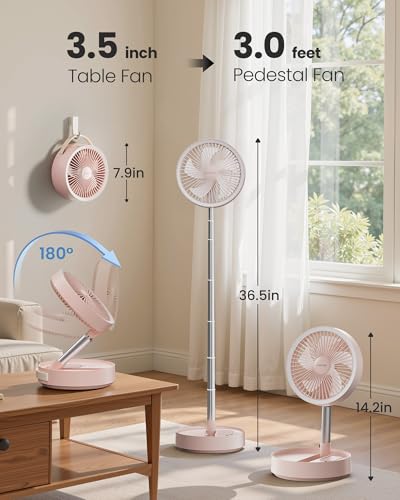Gaiatop Portable Pedestal Fan 16000mAh Battery [Max 74h Runtime], Foldable Oscillating Standing Fan, Collapsible Desk Fans, LED Light, Case & Remote Control, 4 Speeds for Outdoor Travel Camping (Pink) Gaiatop
