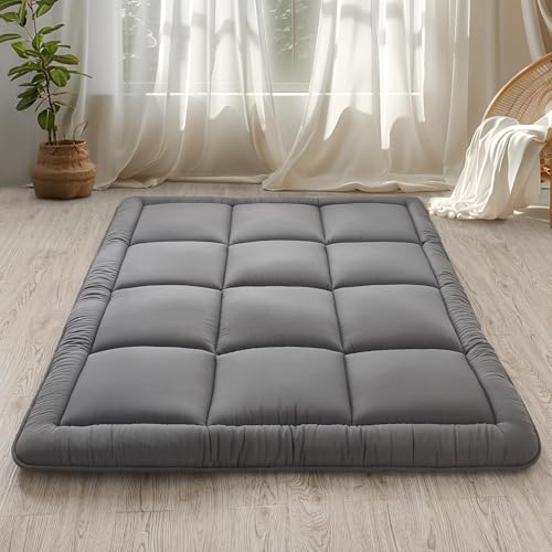 WhatsBedding Japanese Floor Mattress Futon Mattress 3" Grey Tatami Mat Shredded Memory Foam Filled Sleeping Pad, Foldable & Portable Roll Up Lounger Camping Bed for Kids and Adult,Queen Size 60"x 80" WhatsBedding