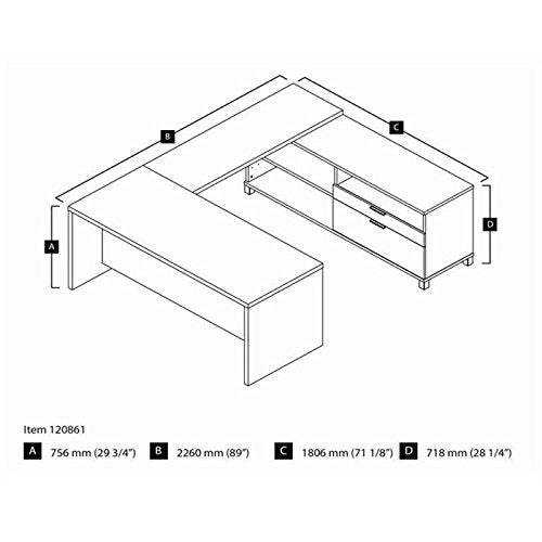BOWERY HILL U-Shaped Computer Desk, Bark Gray Finish, 1.5" Commercial Grade Work Surface with Melamine, PVC Edge, Square Metal Legs, Adjustable Shelves, Reversible Design, 71.1" W x 89" D, Home BOWERY HILL