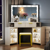 SKKTKT Vanity Desk with Charging Station & LED Lights Mirror – Corner Design HD Triple Mirror Makeup Vanity Table Set with Storage Drawers & Chair for Living Room/Bedroom Ideal Gift (White) SKKTKT