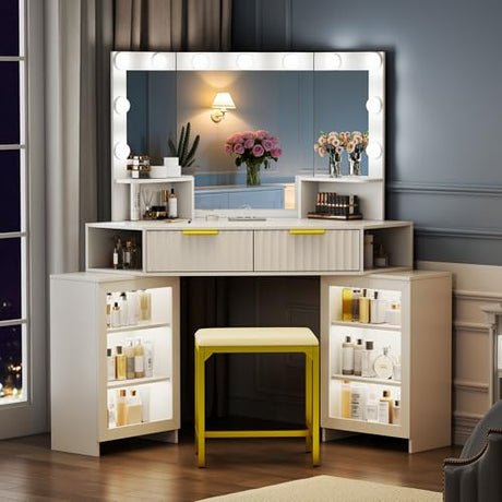 SKKTKT Vanity Desk with LED Lights Mirror & Power Outlet – Corner Design, Makeup Vanity Table Set with Storage Drawers & Chair, 3 Lighting Modes for Living Room/Bedroom, Ideal for Gift (White) SKKTKT