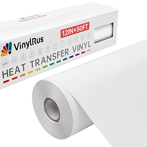 VinylRus Heat Transfer Vinyl-12” x 50ft White Iron on Vinyl Roll for Shirts, HTV Vinyl for Silhouette Cameo, Easy to Cut & Weed VinylRus