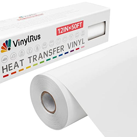 VinylRus Heat Transfer Vinyl-12” x 50ft White Iron on Vinyl Roll for Shirts, HTV Vinyl for Silhouette Cameo, Easy to Cut & Weed VinylRus