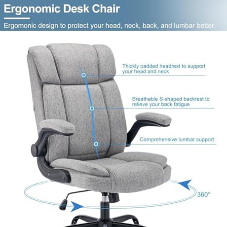 BRTHORY Office Chair High Back Ergonomic Executive Computer Desk Chair Comfortable Fabric Padded Home Office Desk Chairs with Flip-up Arm Rest Adjustable Height Swivel Wheels (Grey) BRTHORY