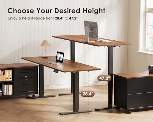 OffiGo 55 Inch L Shaped Electric Standing Desk with Drawers & File Cabinet Sets, Executive Sit Stand Desk, Height Adjustable Computer Desk for Home Office, Writing, Workstation, Walnut+Black OffiGo
