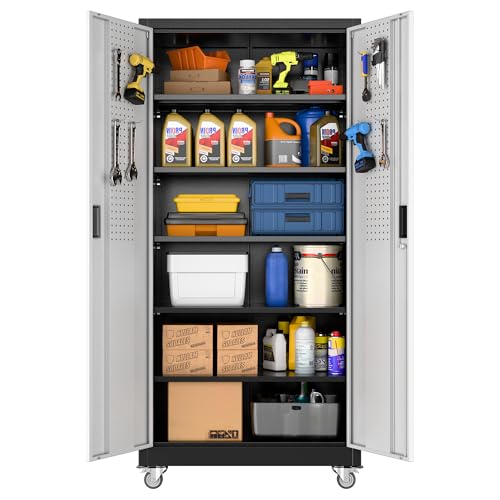 Aobabo 71" H×32" W×16" D Metal Storage Cabinet with Wheels, Garage Steel Storage Cabinet with 5 Adjustable Shelves and 4 Hooks for Home Office,Kitchen, Black Silver,Assembly Required Aobabo