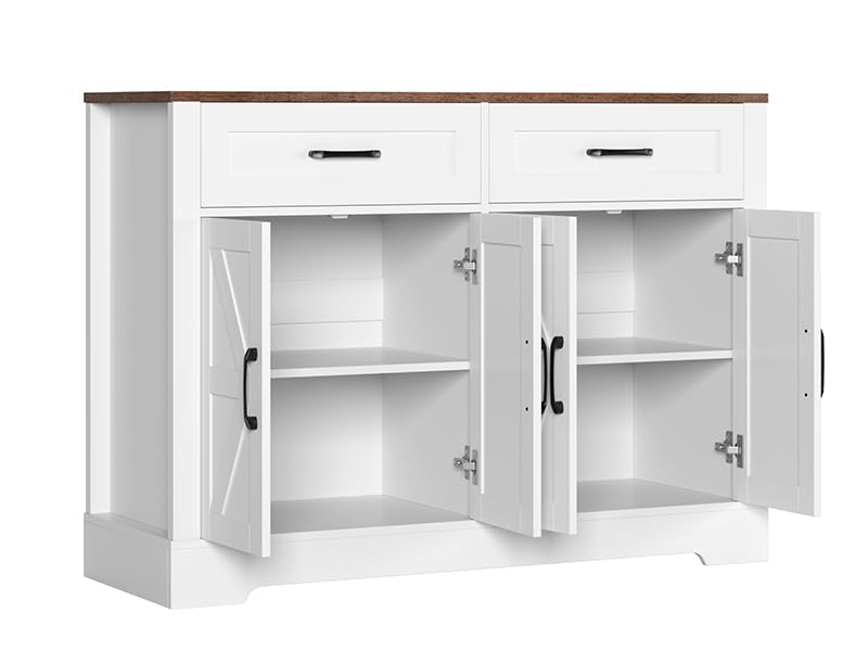 BOTLOG Farmhouse Buffet Cabinet with Storage, 47.2" Storage Cabinet with Drawers, Barn Doors, Sideboard, Bar Cabinet for Kitchen, Dining Room, Hallway, White - WoodArtSupply