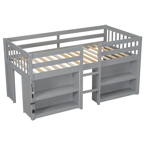 Harper & Bright Designs Low Loft Bed with Storage Shelves and LED Light for Kids, Twin Size, Gray - WoodArtSupply