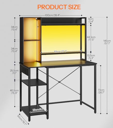 HOOBRO Computer Desk, Gaming Desk with LED and Outlets, Home Office Desk with Monitor Stand and Adjustable Shelf, Small Gaming Table with CPU Stand for Home Office, Small Space, Black BB100UDDN01 HOOBRO