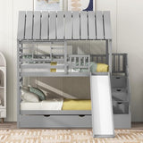 Harper & Bright Designs Twin Over Twin Wood Bunk Bed with Trundle and Staircase, Solid Wood Bunk Bed Frame with Storage, Playhouse Bunk Bed with Roof and Window for Kids, Gray Harper & Bright Designs