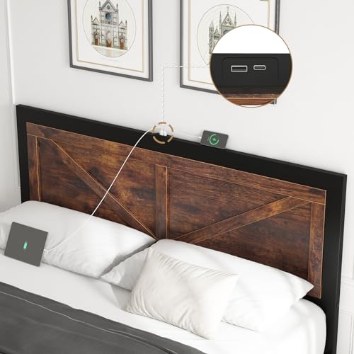 DOGIBIXO Led Bed Frame Queen Size with USB Charging Station, Industrial Platform Bed Frame with Farmhouse Barn Door Headboard, Strong Metal Slats Support, Noise Free, No Box Spring Needed, Brown DOGIBIXO