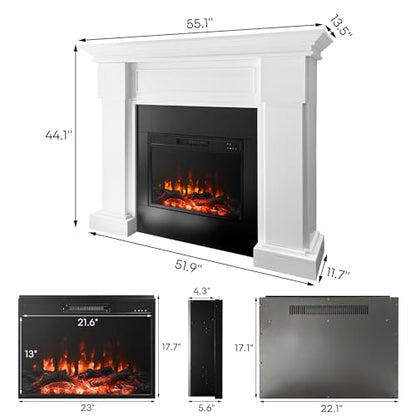 54.8-Inch White Electric Fireplace with Mantel, Stylish Heater for Your Living Room or Bedroom, Includes Remote Control and LED Flame Effects