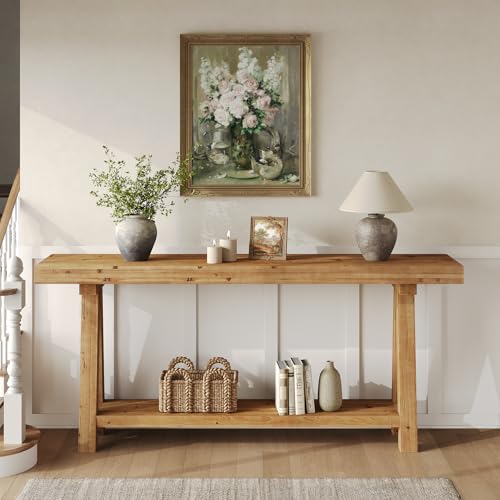 TRIBEWOOD 70.9-Inch Solid Wood Console Table for Entryway, Farmhouse Long Sofa Table with Shelves for Living Room, Hallway, Foyer, Easy Assembly TRIBEWOOD
