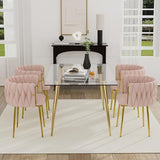 HAIZAO 5 Pieces Modern Gold Dining Table Set, 51'' Small Luxury Rectangle Kitchen Table Set, 4 Person Clear Glass Top Minimalist Dinner Table Set, Pink Woven Chair, for Home Apartment Office HAIZAO