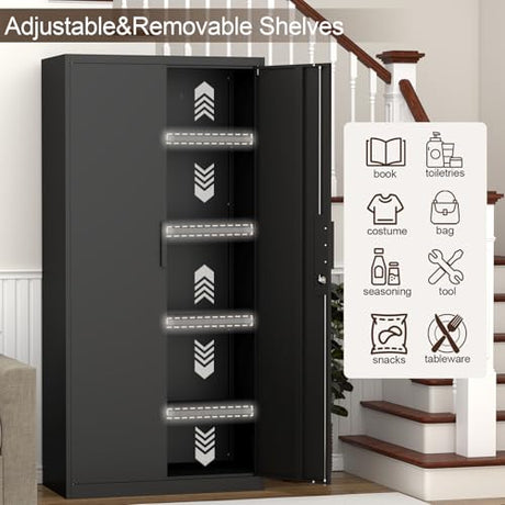 GREATMEET Metal Garage Storage Cabinets, 72" H Locking Garage Cabinets with 2 Doors and 4 Shelves, Utility Cabinet for Office, Garage, Home, Gym, School, Black GREATMEET