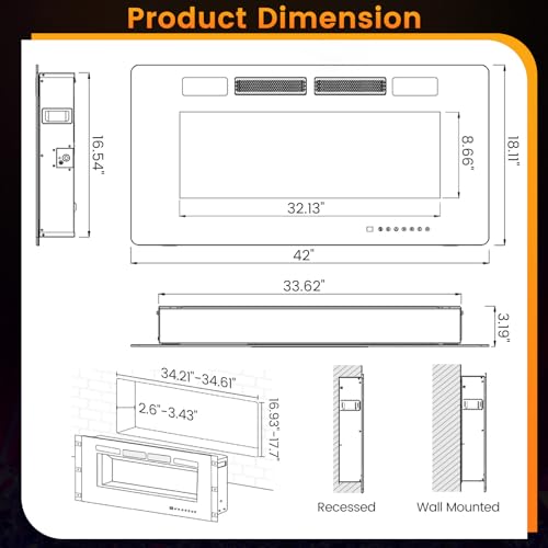 COSTWAY Ultra-Thin Smart WiFi Electric Fireplace 42-inch Wide, Compatible with Alexa & Google Assistant, 750W/1500W Fireplace Heater with 12 Flame and Flame Bed Colors, Remote/APP Control, Black COSTWAY