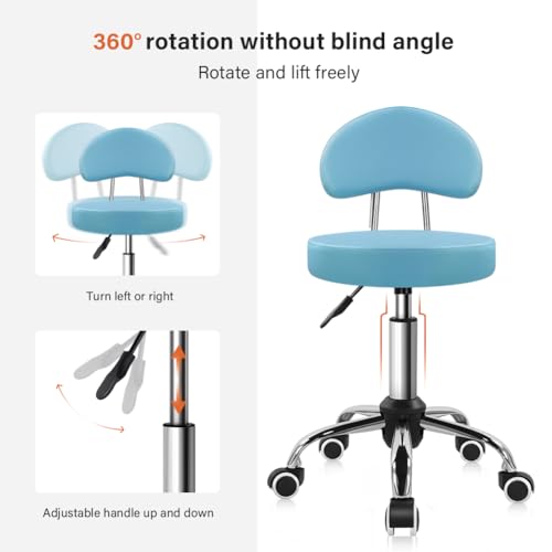 KKTONER Rolling Stool with Mid Back Height Adjustable Chair PU Leather Swivel Chair with Wheels for Office Home Task Drafting Sky Blue KKTONER