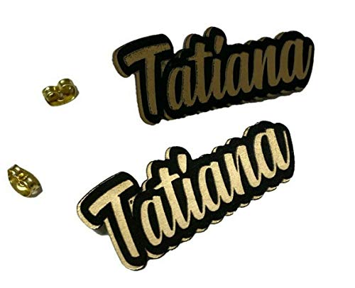 Personalized Custom Black and Gold Posts Studs Earrings Name Plate Laser Cut Design Stunning - Quality, Attractive Fashion Earrings, Made To Order, Any Name or Word - 1 INCH Size, Post Earrings Design Mirror Mania