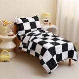 Caressma Checkered Toddler Bedding Set, Classic Black and White Plaid Bed Set, Fluffy Grid Buffalo Plaid 4 Pieces Kids Comforter Bed Set with Comforter, Fitted Sheet, Flat Sheet, Pillowsham Caressma