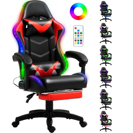 Czlolo Gaming Chair, Racing Style RGB LED Lights Gaming Chairs for Adults and Kids, Lumbar Massager Gamer Chair, High Back Reclining Computer Chair with Footrest and Headrest (Black/Red) Czlolo