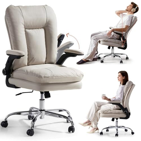 LEAGOO Ergonomic Executive Office Chair, Mid Back Comfy Desk Chairs with 3D Padded Flip-up Arms, Faux Leather Computer Rolling Chair with Wheels for Home, Adjustable Height, 300lbs, Beige LEAGOO