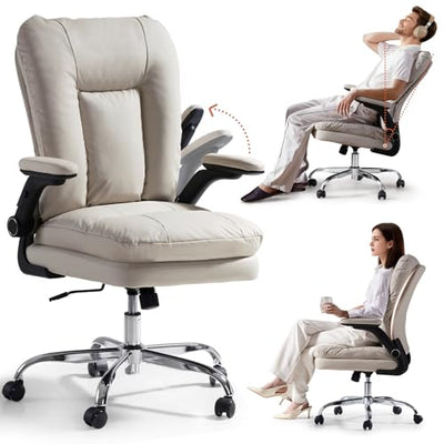 LEAGOO Ergonomic Executive Office Chair, Mid Back Comfy Desk Chairs with 3D Padded Flip-up Arms, Faux Leather Computer Rolling Chair with Wheels for Home, Adjustable Height, 300lbs, Beige