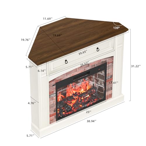 AHB Corner TV Stand with Remote Control, Electric Fireplace with Wooden Mantel, Entertainment Center with Efficient Heating System, Adjustable Brightness Realistic Flame(White) AHB