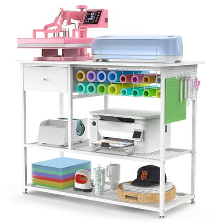 Crafit Extra Large Heat Press Table, Heat Press Stand Desk Cart with Vinyl Storage, Multi-Purpose Heavy Duty Metal Workbench for DIY Sublimation, T-Shirts Caps Mug & Tumbler Heat Transfer Projects Crafit