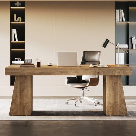 Tribesigns 55-Inch Executive Desk, Large Wood Office Computer Desk with Double Pedestal, Modern Minimalist Workstations Writing Table Conference Table Furniture for Home Office, Light Brown Tribesigns